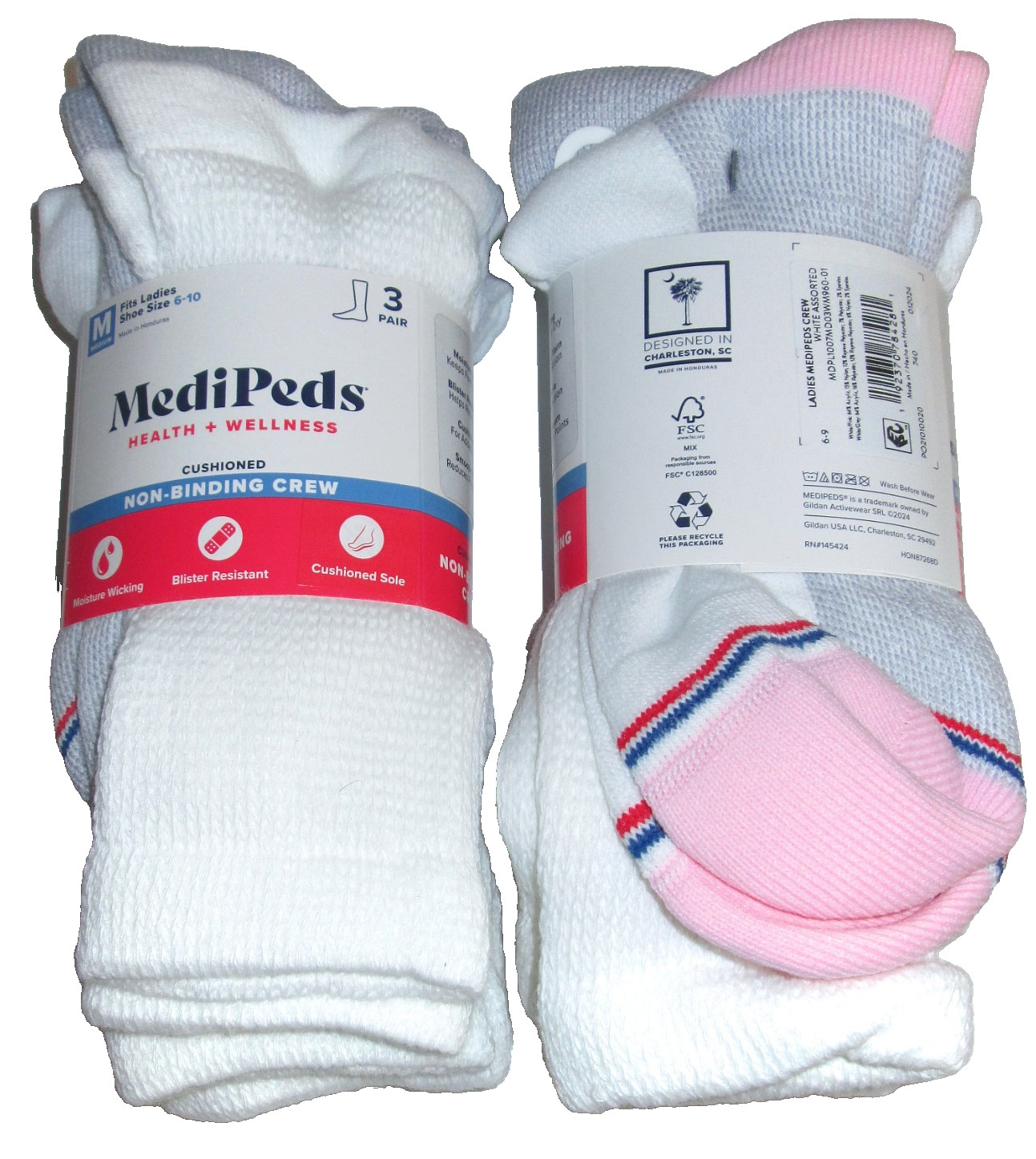 6 Pairs Medipeds Womens Moisture Wicking Cushioned Diabetic Crew Socks