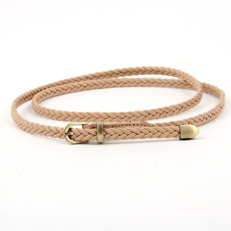 Handwoven PU Leather Belt, 0.8cm Slim Waist Chain Alloy Buckle for Women