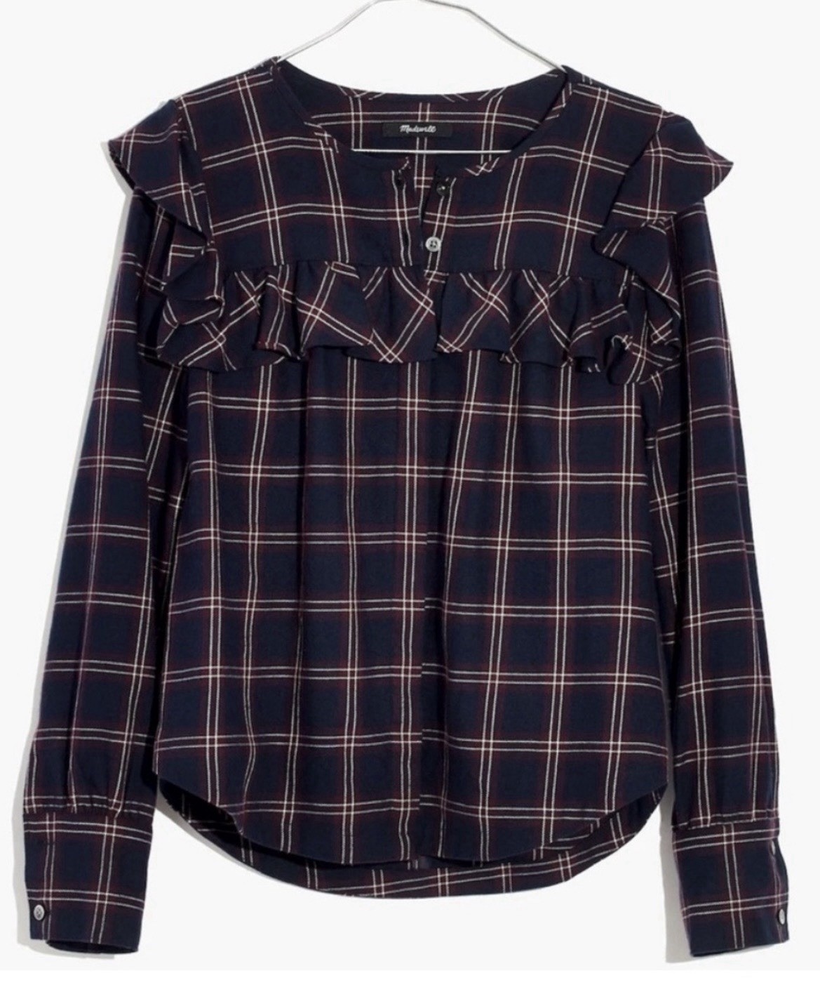Madewell Women’s Blue Plaid Ruffle Yoke Long Sleeve Check Blouse Top Size M