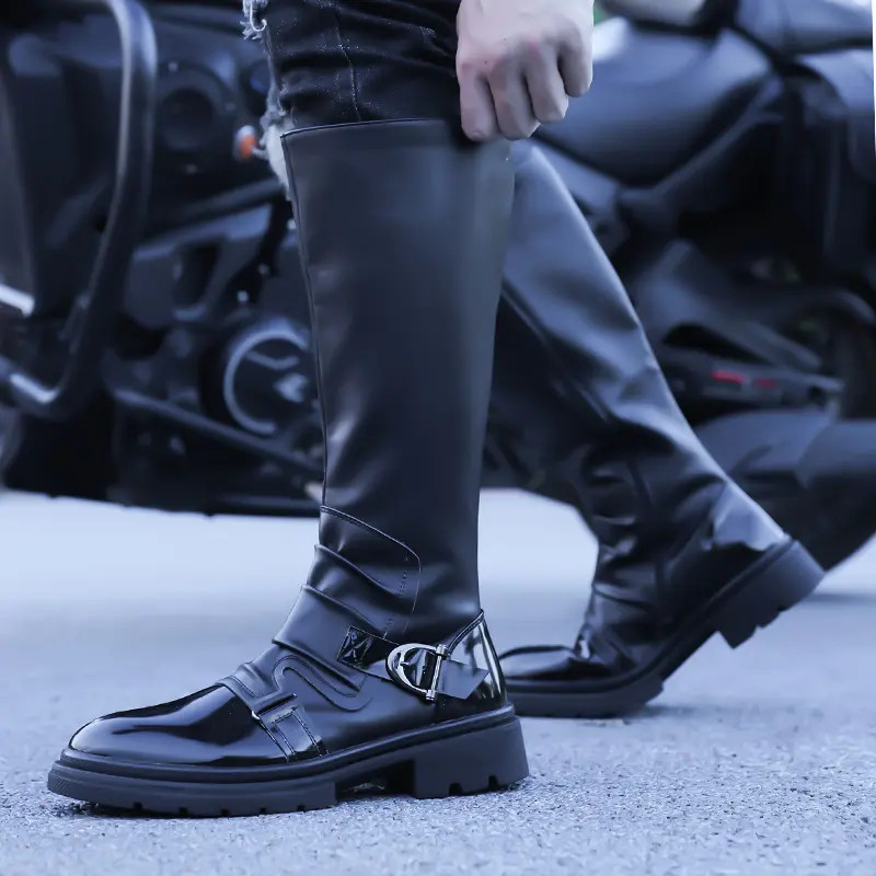 Mid Claf Boots Men’s Vintage Pleated Patent Leather Riding Motorcycle Punk Shoes