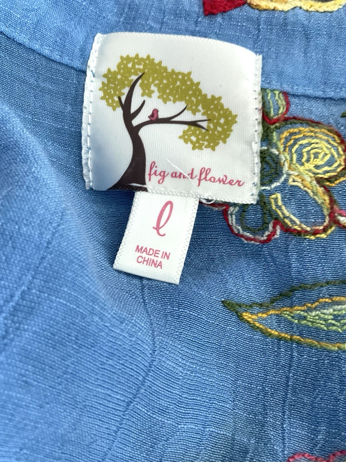 Fig & Flower Blue Floral Embroidered Boho Button Down Blouse Large