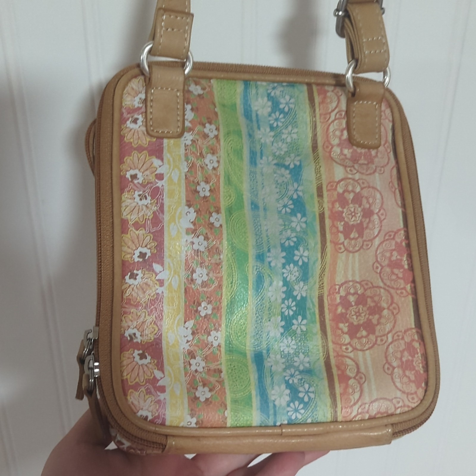Fossil Striped Floral Crossbody Bag Zip+Magnetic, Adjustable Strap Small