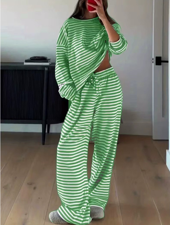 Unisex Striped 2Pcs Lounge Set Long Sleeve Top High Waist Pants