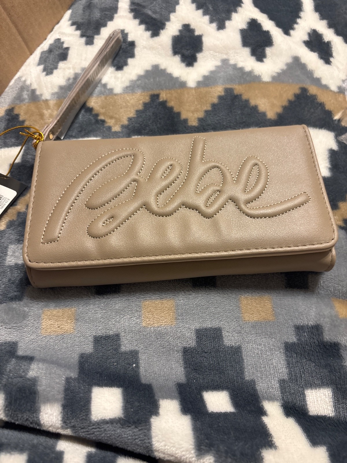 bebe Women’s Beige Logo Tri-Fold Wallet with Zipper, Credit Card Slots