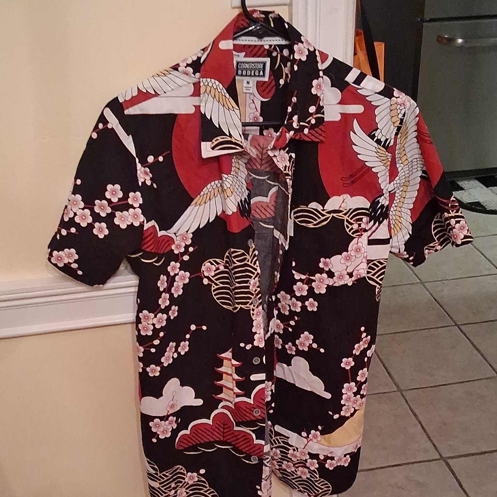 Commission Bodega Men’s M Short Sleeve Button-Up Black Red White Print