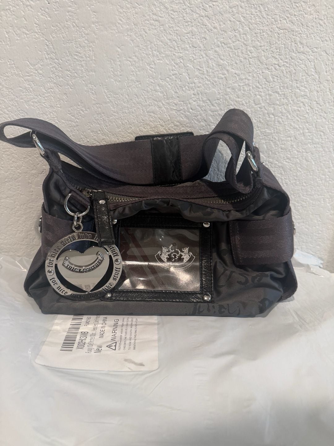 Juicy Couture Black Nylon Script Logo Hobo Bag with Heart Charm