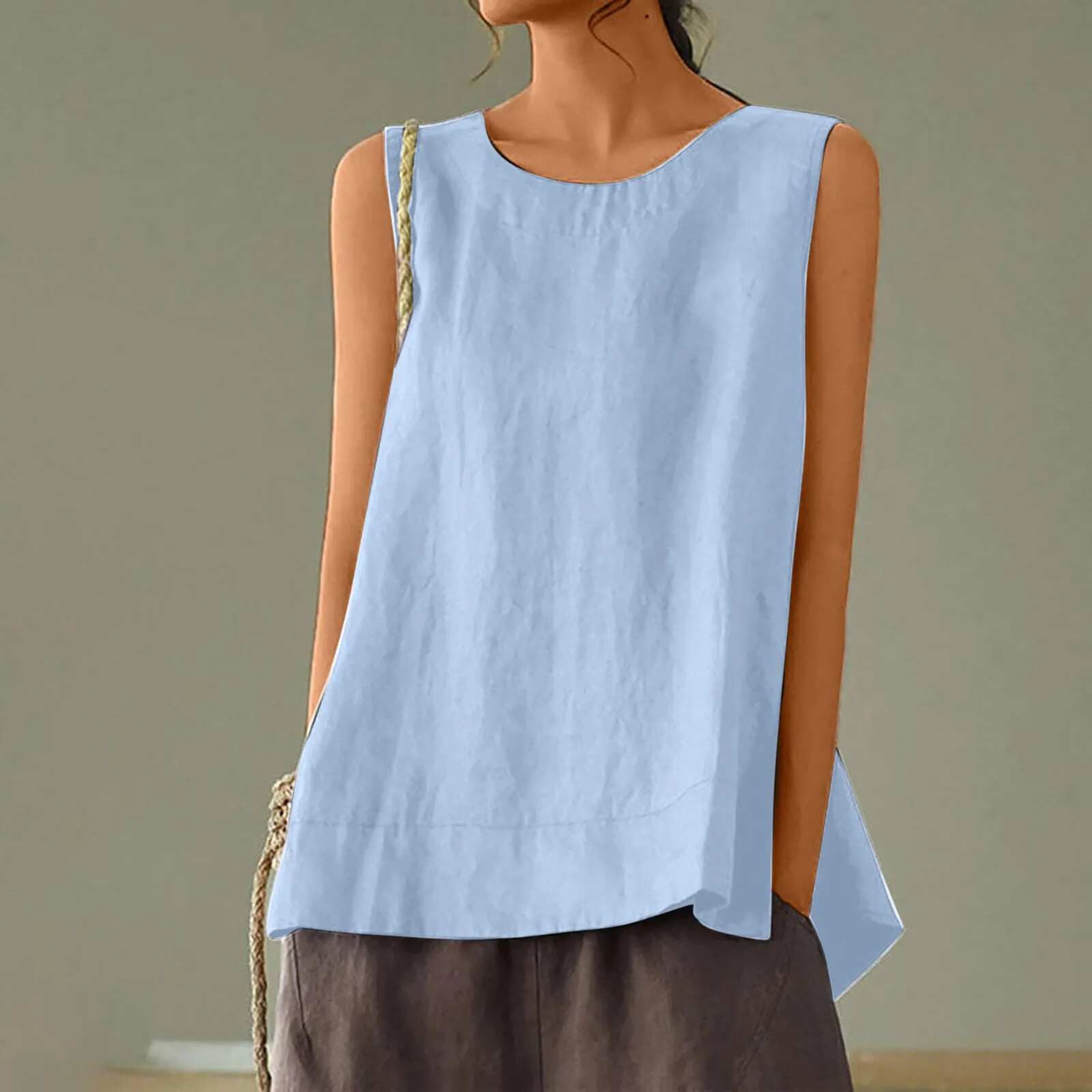 Solid Color Casual Cotton Linen Sleeveless Round Neck Soft and Breathable Top