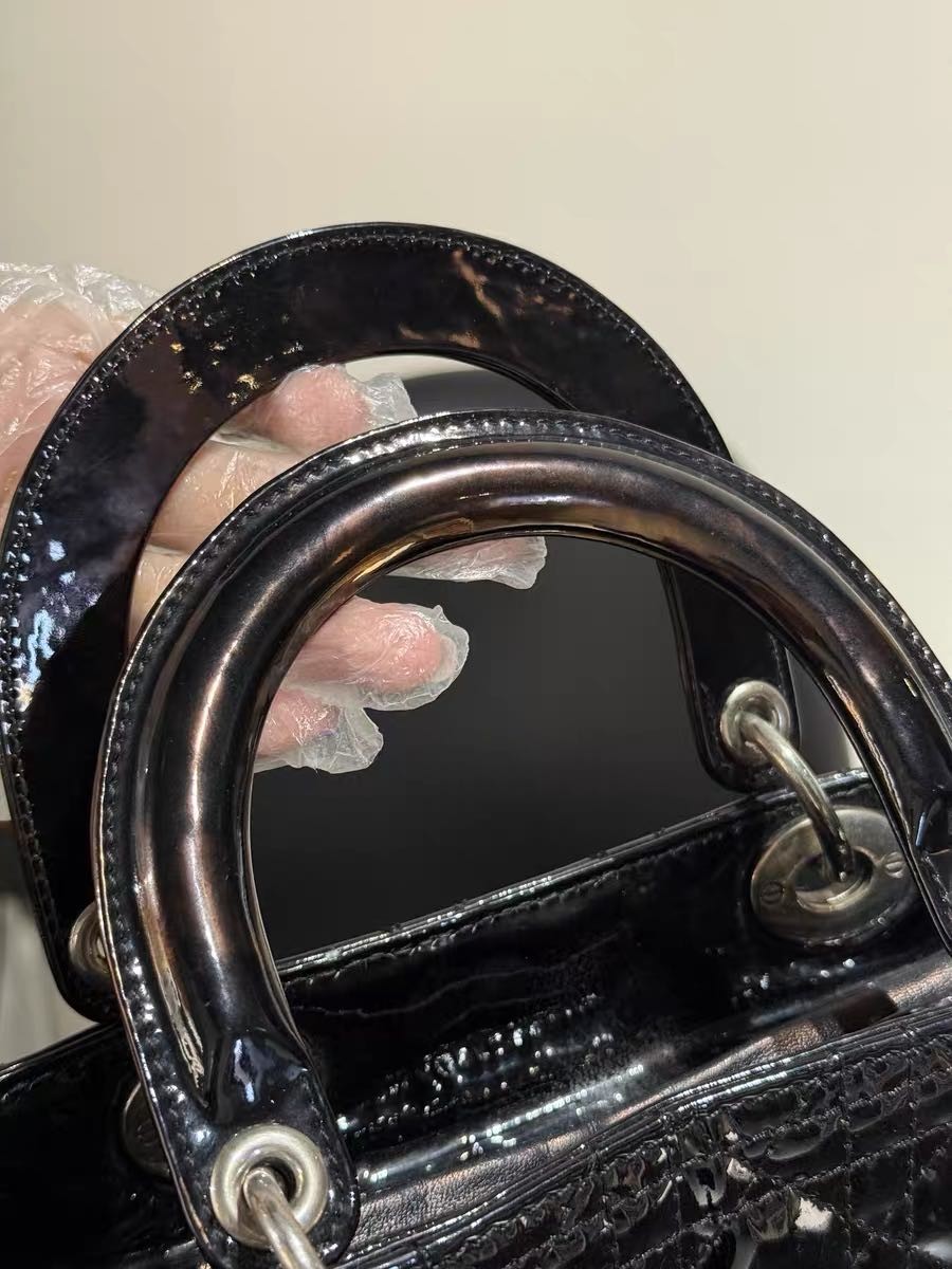 Authentic Christian Dior Black Patent Leather Lady Dior Bag
