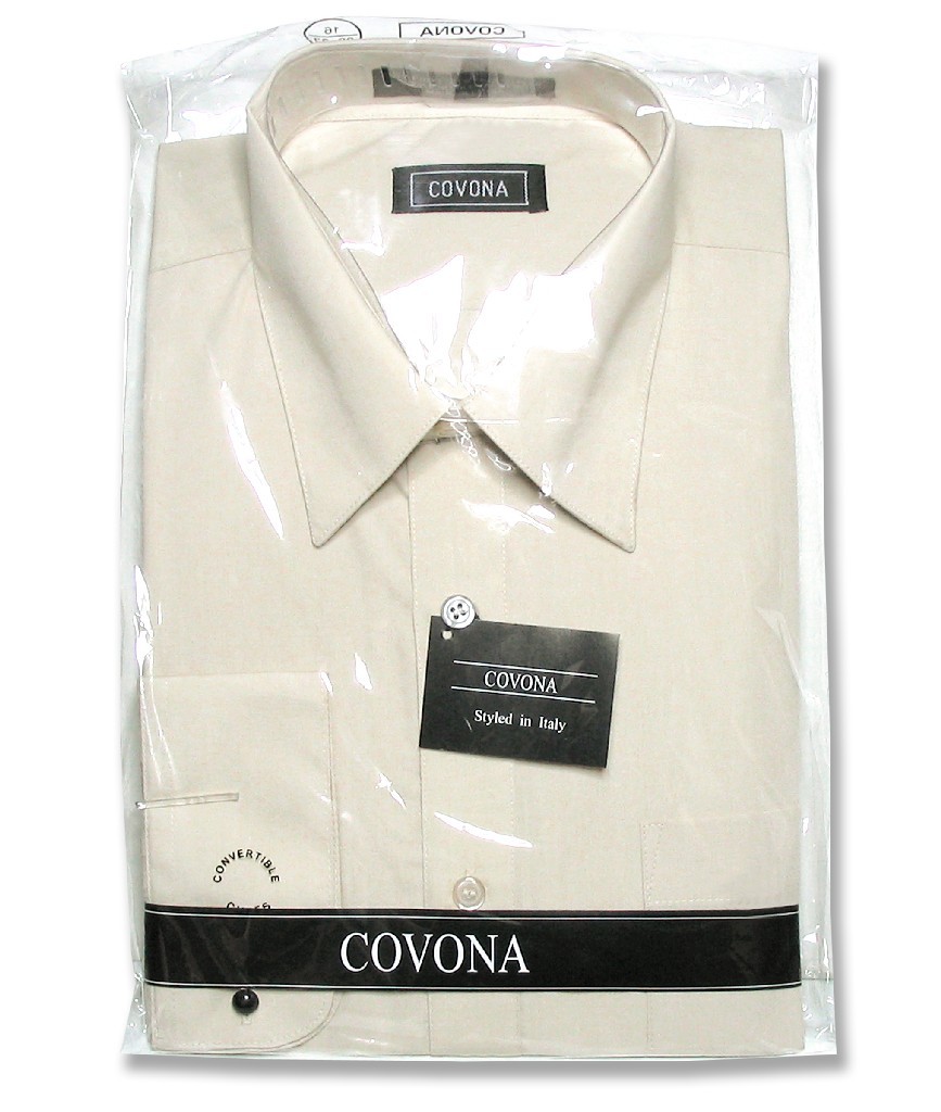 Mens Solid Beige Brown Color Dress Shirt with Convertible Cuffs sz 15 1/2 32/33