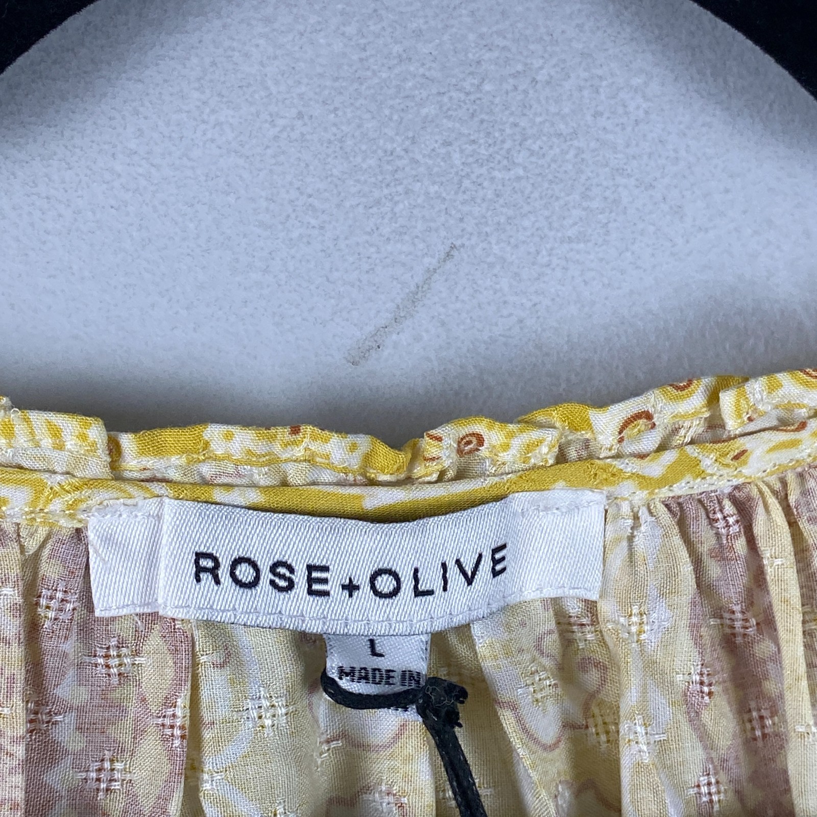 Rose + Olive Paisley Peasant Blouse Size Large Boho Tie Popover Yellow Rayon