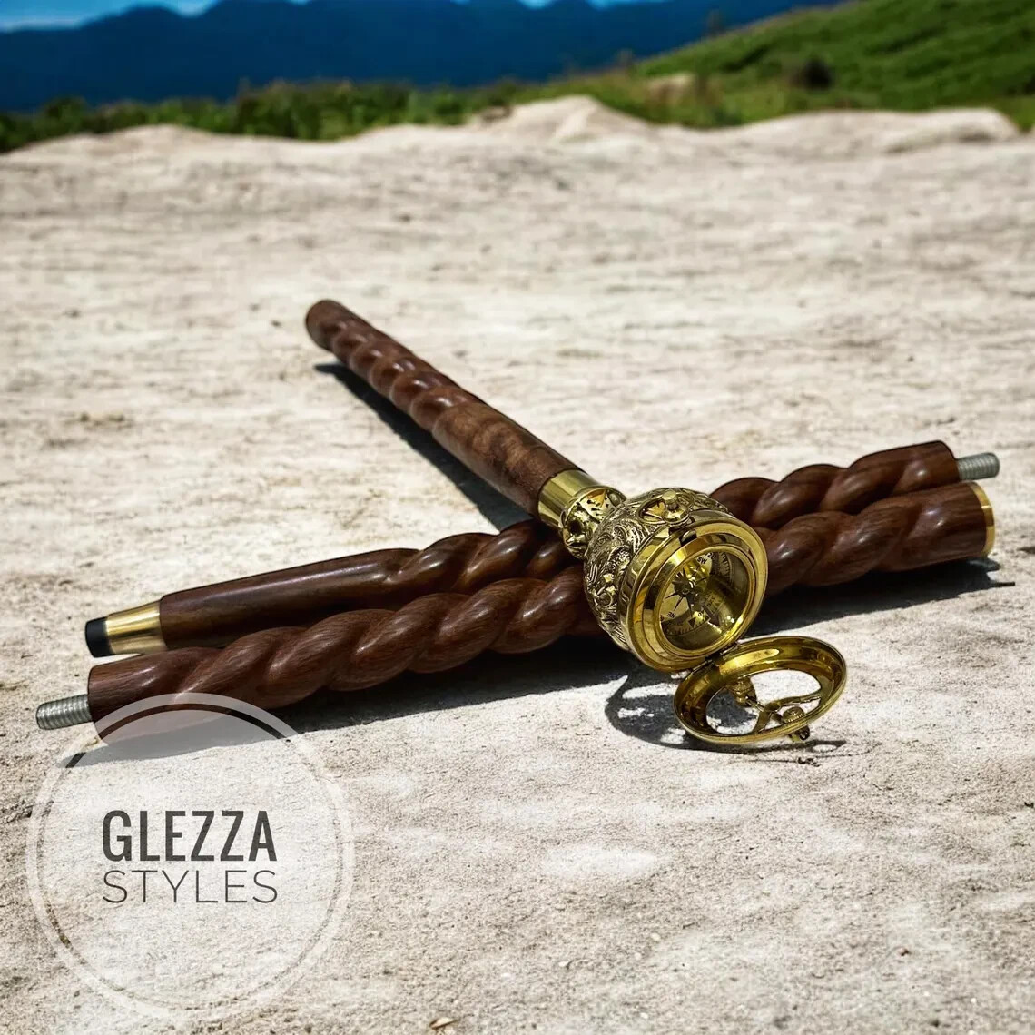 Antique Brass Sundial Compass Head Handle For Handmade Wooden Walking Stick Cane