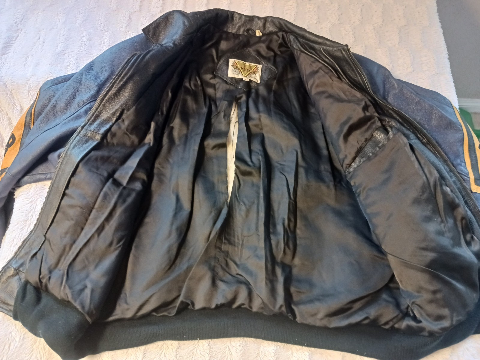 Vintage Phase 2 Detour Road Work Sign Leather Jacket Men’s XL 1980s Black/Blue