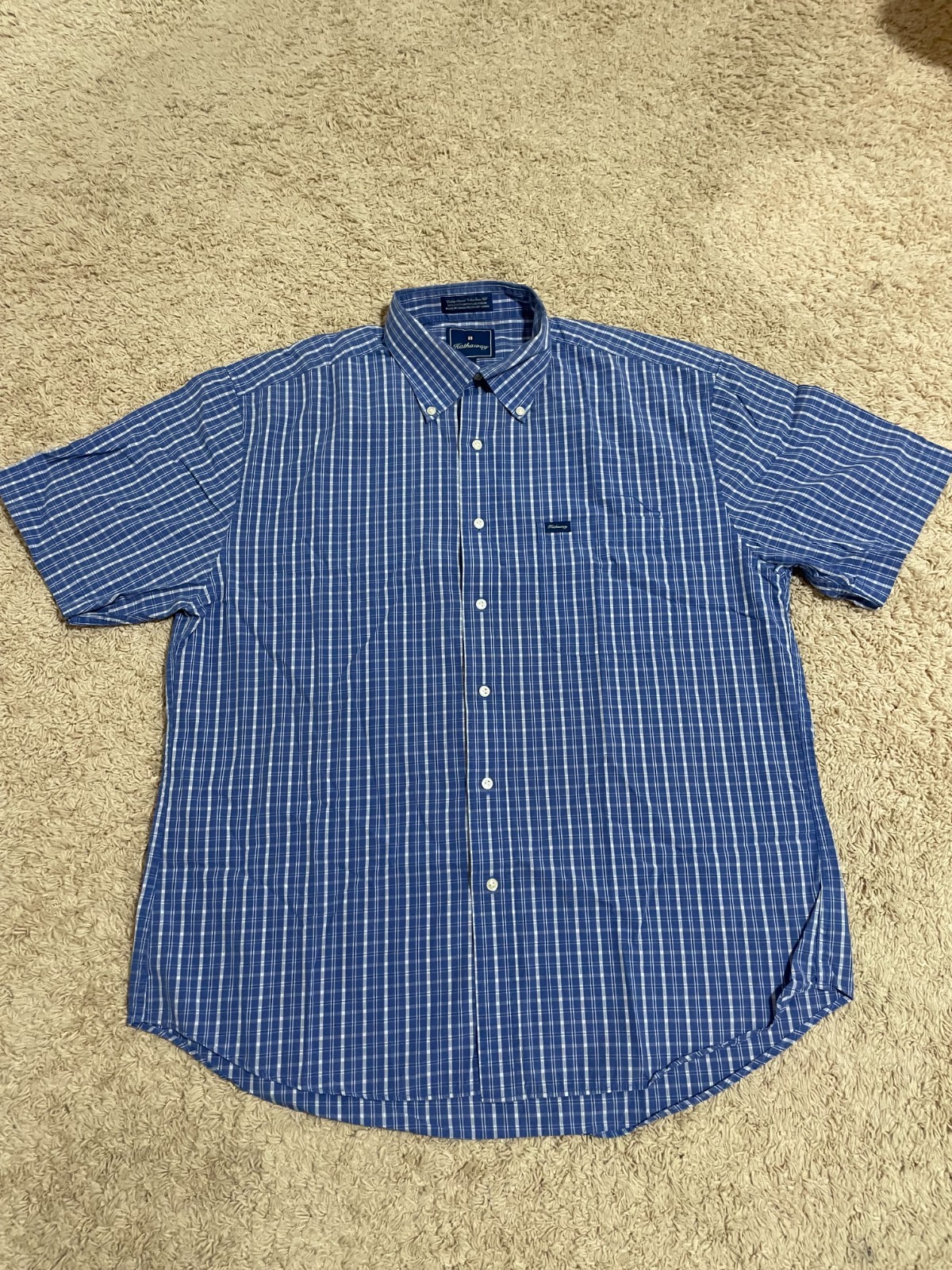 Hathaway Shirt Men’s L Short Sleeve Button Down Blue Plaid Pocket Cotton