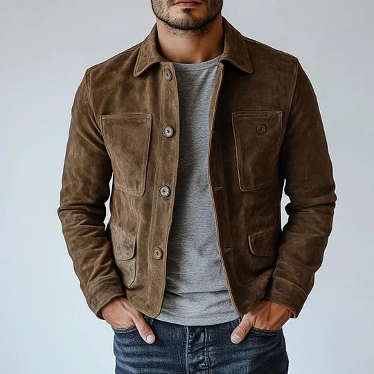 Men Brown Pure Suede Leather Jacket Slim Fit Trucker Jacket Custom Size S M L XL