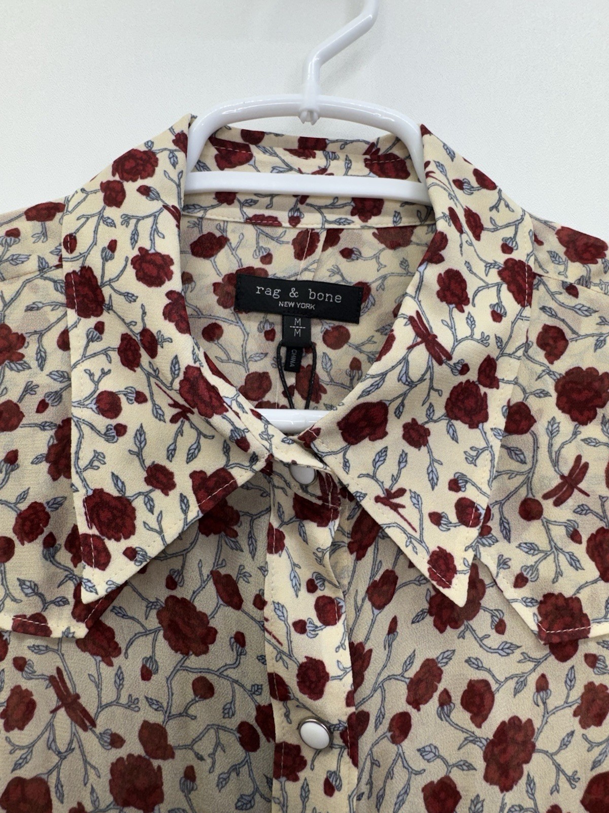 Rag & Bone NWT Farren Red Floral Western Inspired Viscose Shirt Pearl Snap M