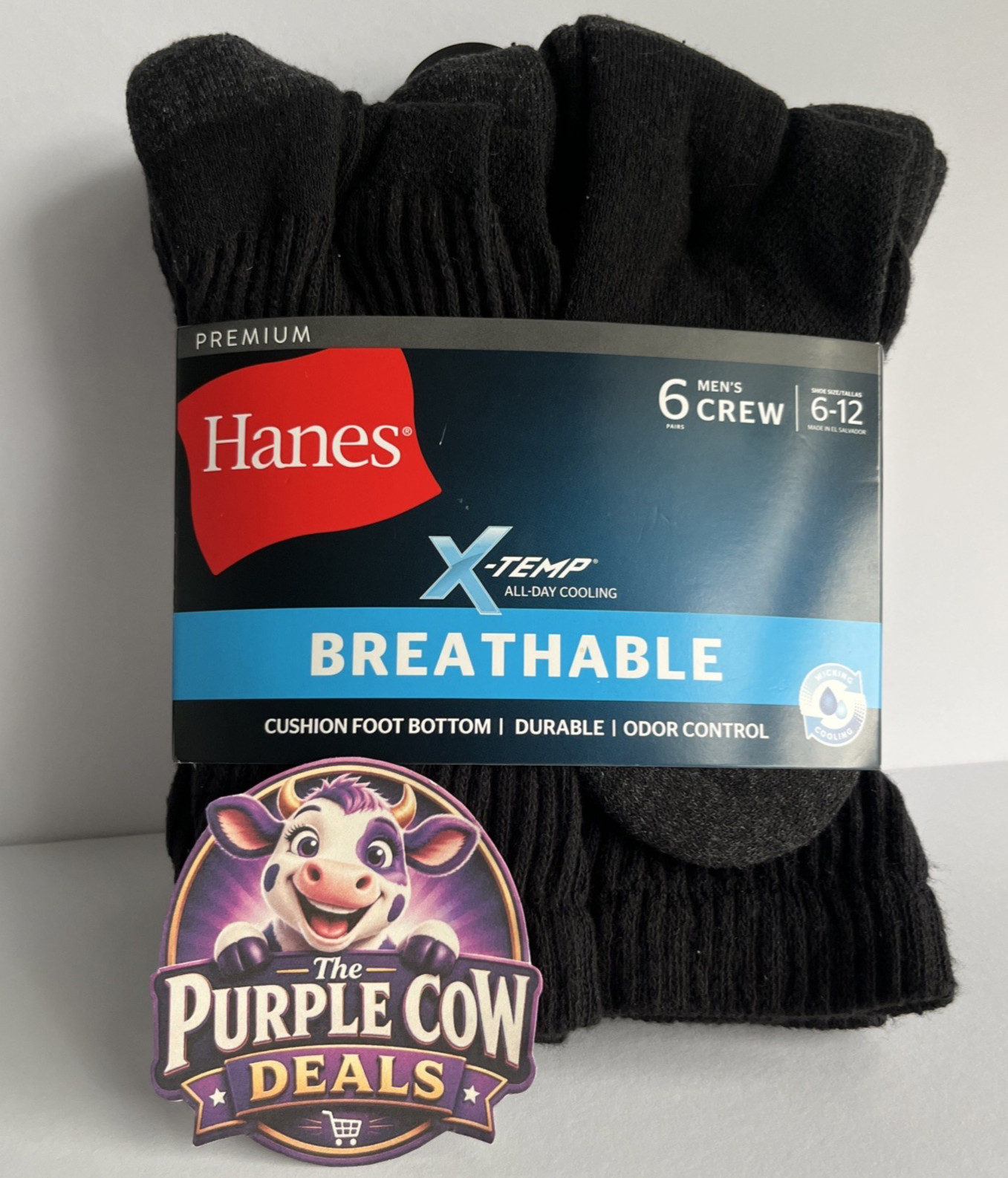 NIP MENS Hanes X-Temp Cushioned Crew Socks 12-Pair Black 6-12