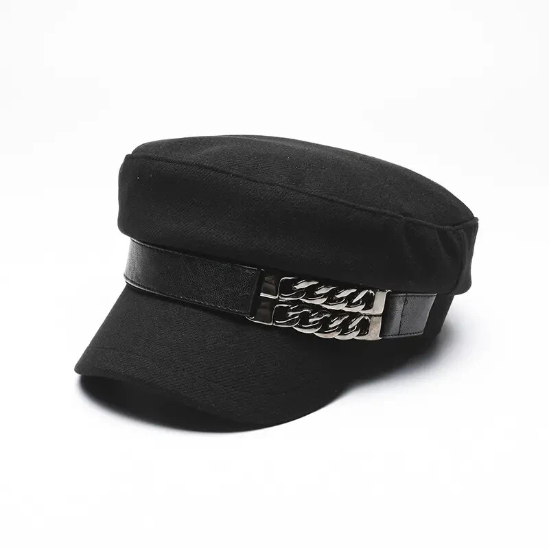 Black Women’s Beret Hat w/ Chain Decorated Peaked Cap Newspaper Hat Vintage