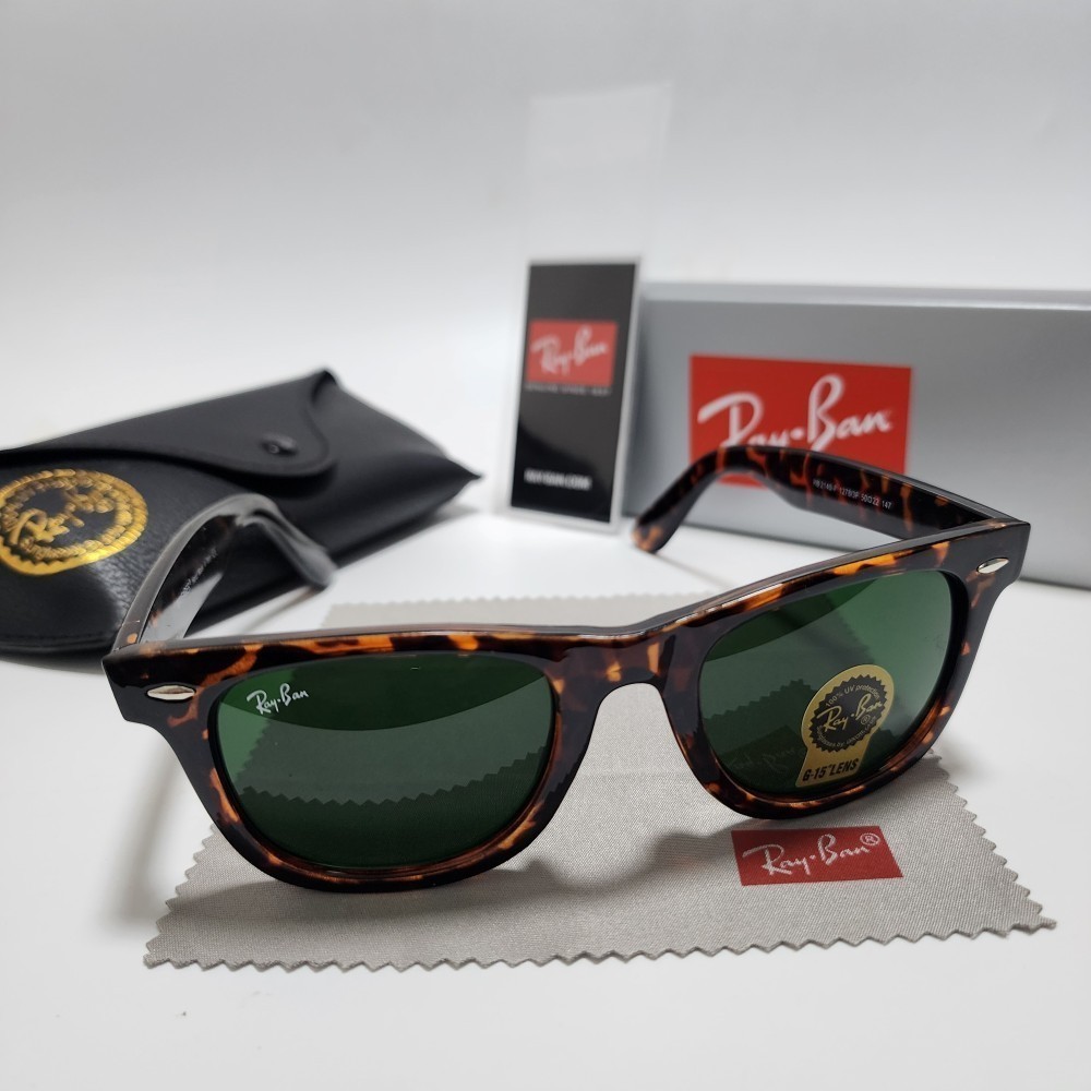 Ray-Ban RB2140 Wayfarer Classic Sunglasses Tortoise Brown Frame Glass Green Lens