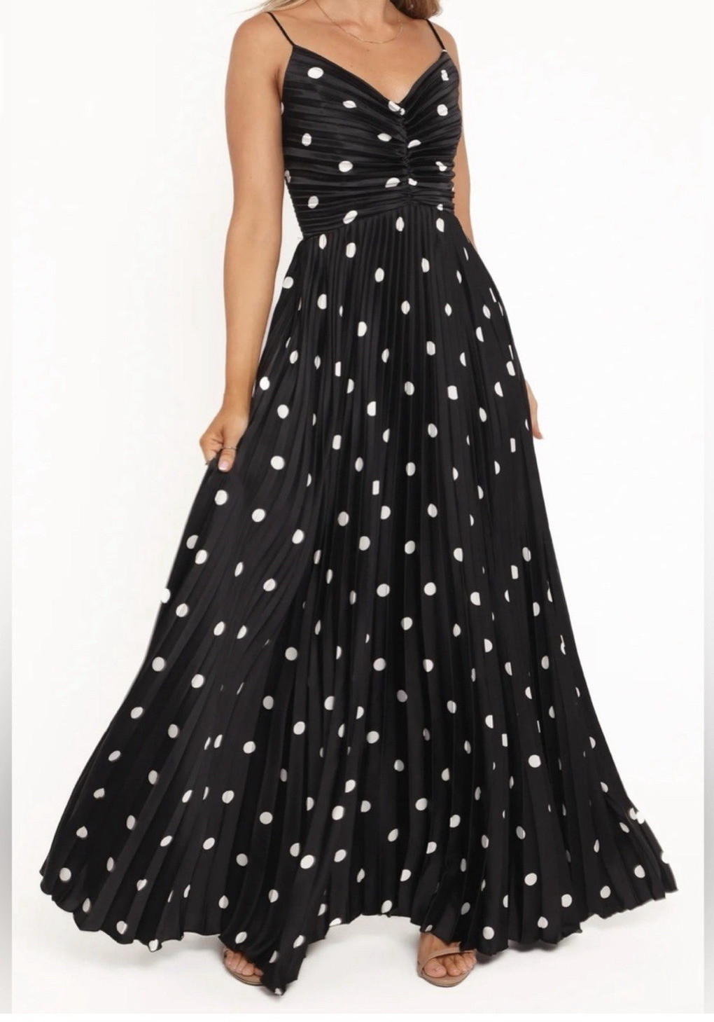 Petal + Pup Black NAIRA Polka Dot Pleated V-Neck Maxi Dress Zip US 2