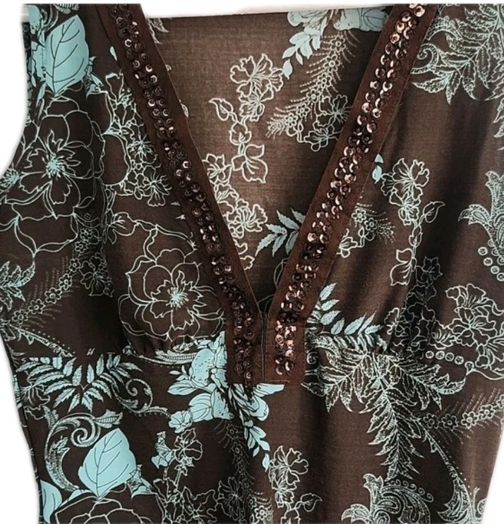 Vtg Rampage Top Juniors M Deep V Neck Brown Print With Sequins At Neck M