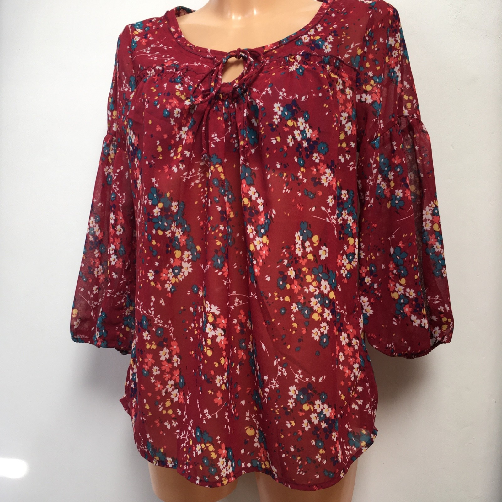 Deep Red Floral *New Look* Sheer Tunic Blouse Top: UK 12: New RRP £24