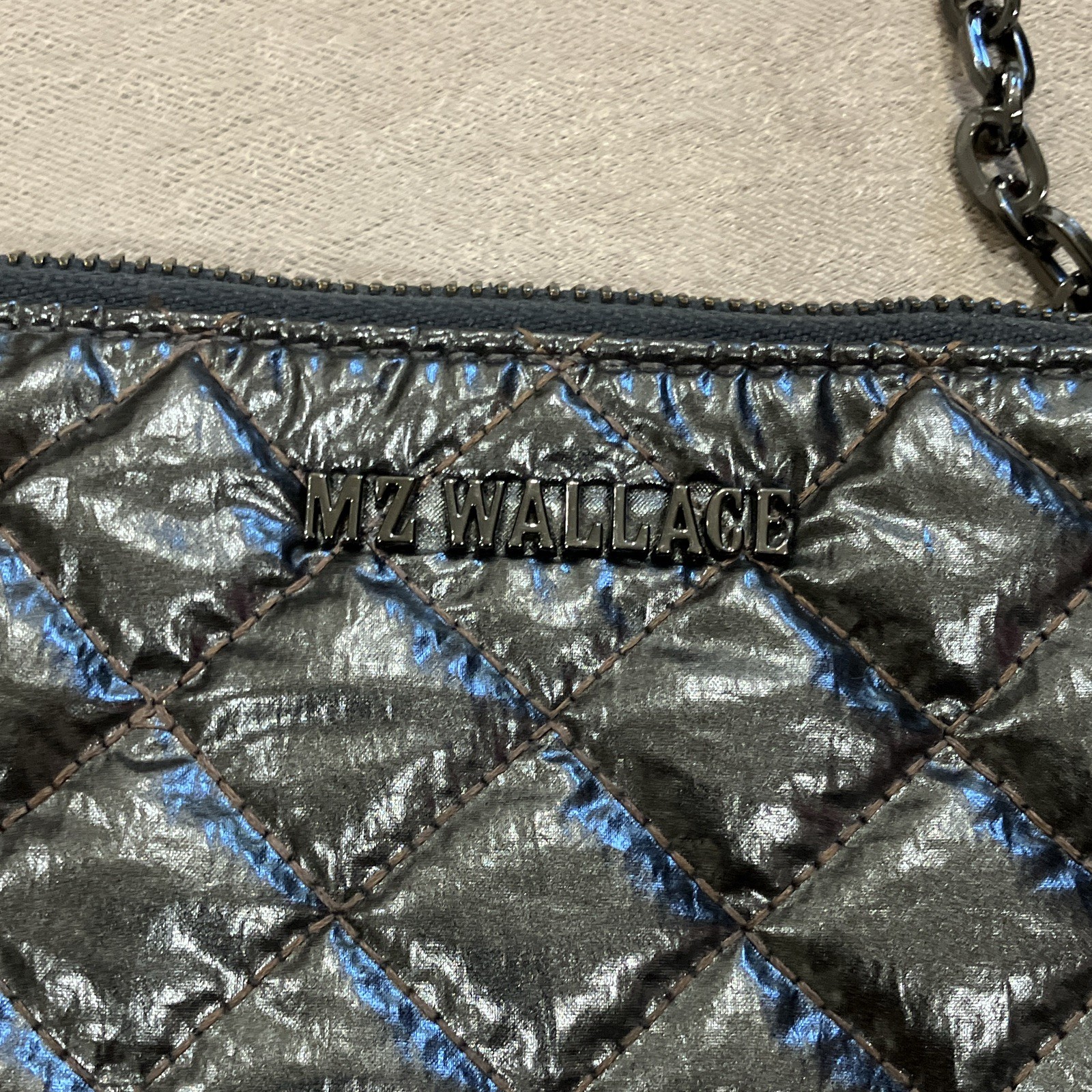 MZ Wallace Gray Zip Crossbody Bag Chain Strap Lined Pockets