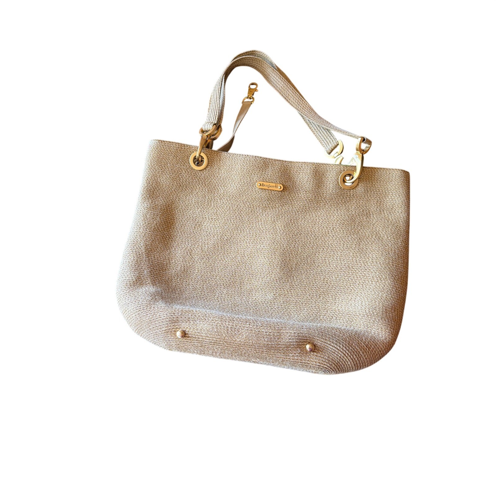 Eric Javits Tote Bag Tan Squishee Shoulder Bag Gold Hardware Logo Packable Tote