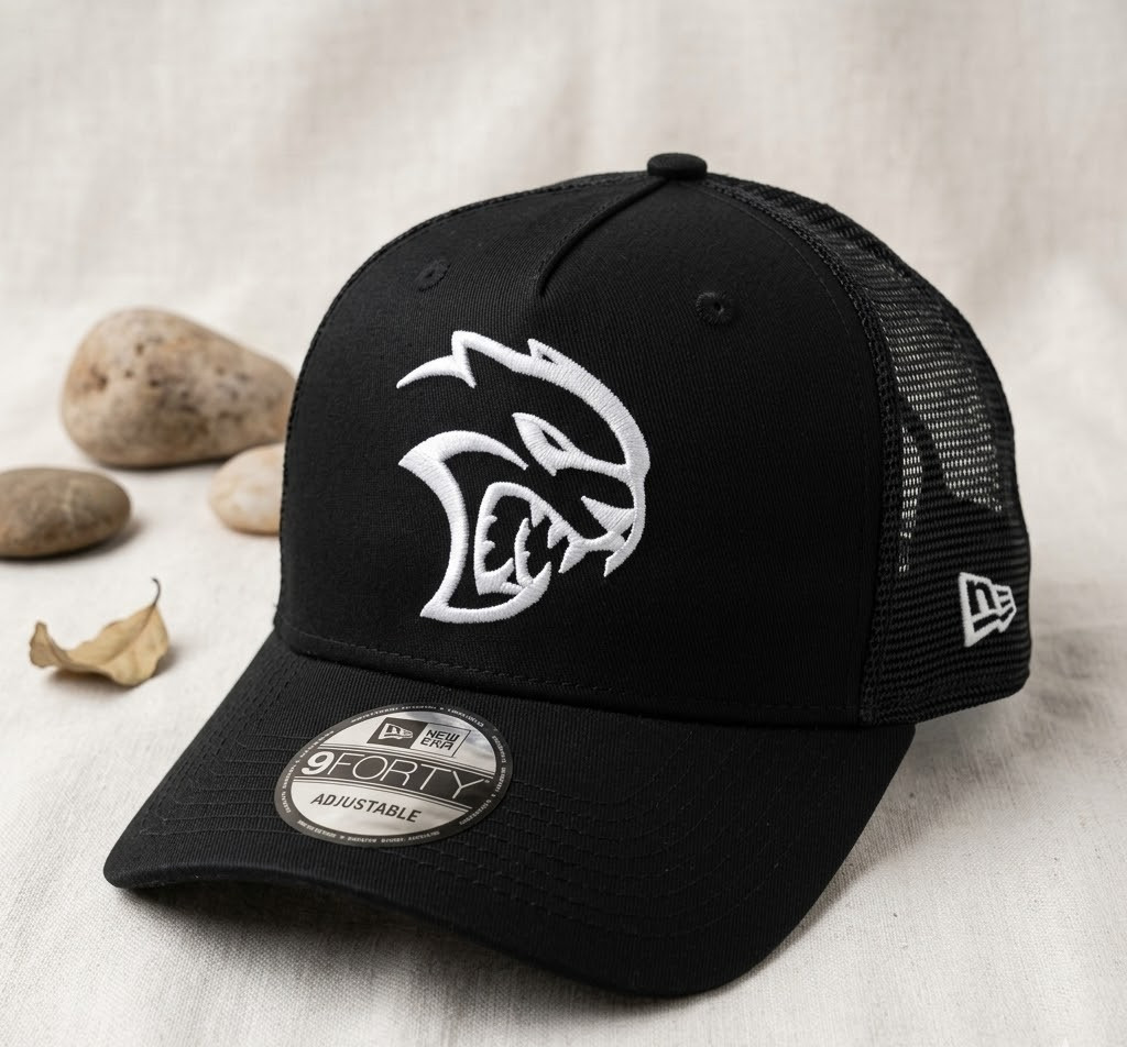 Hellcat Logo 2D Embroidered Trucker Hat Black Mesh Mopar Muscle Cap