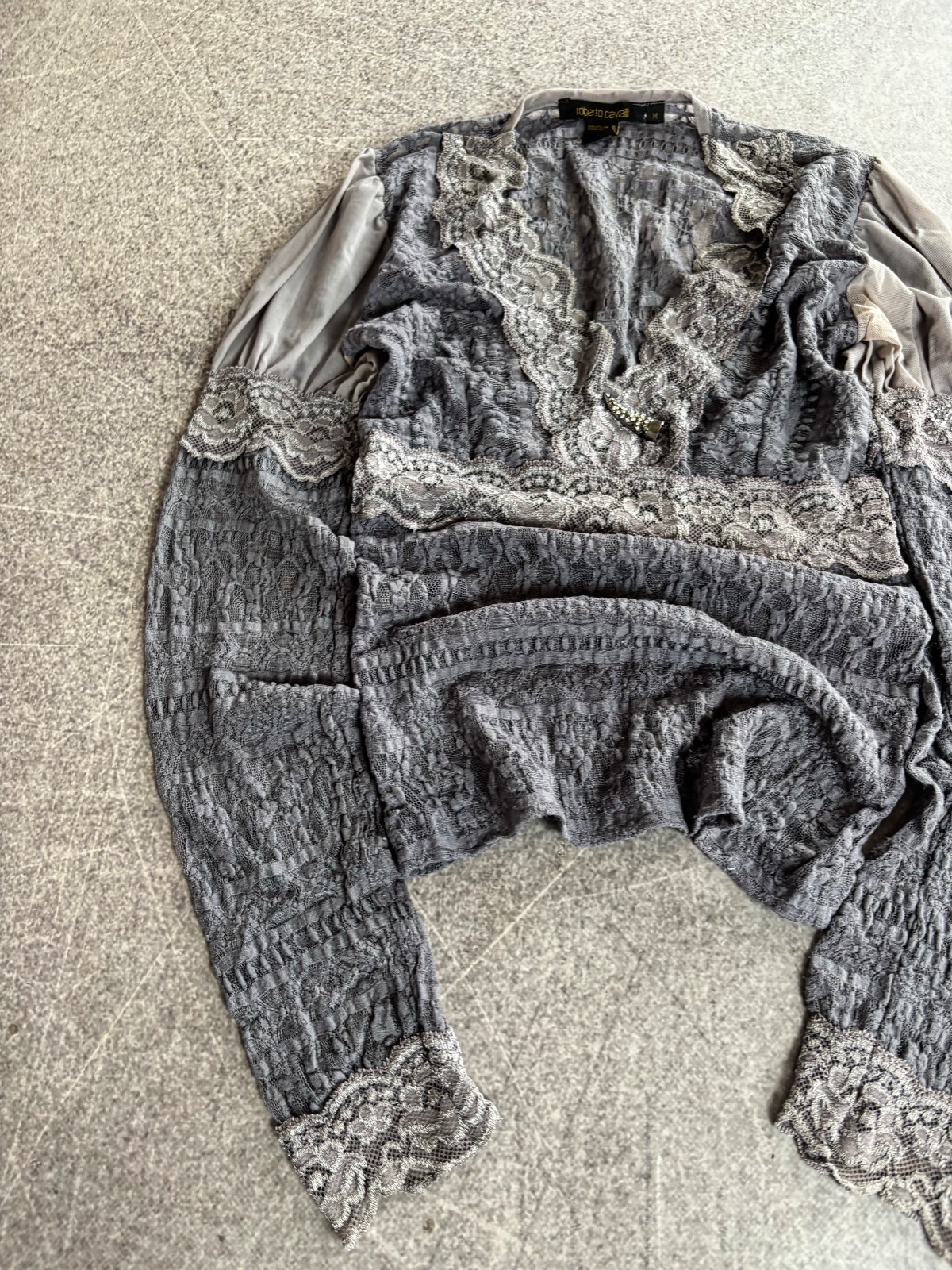Roberto Cavalli Lace Knit Top Sheer Romantic Boho Designer Luxury Gray Vintage