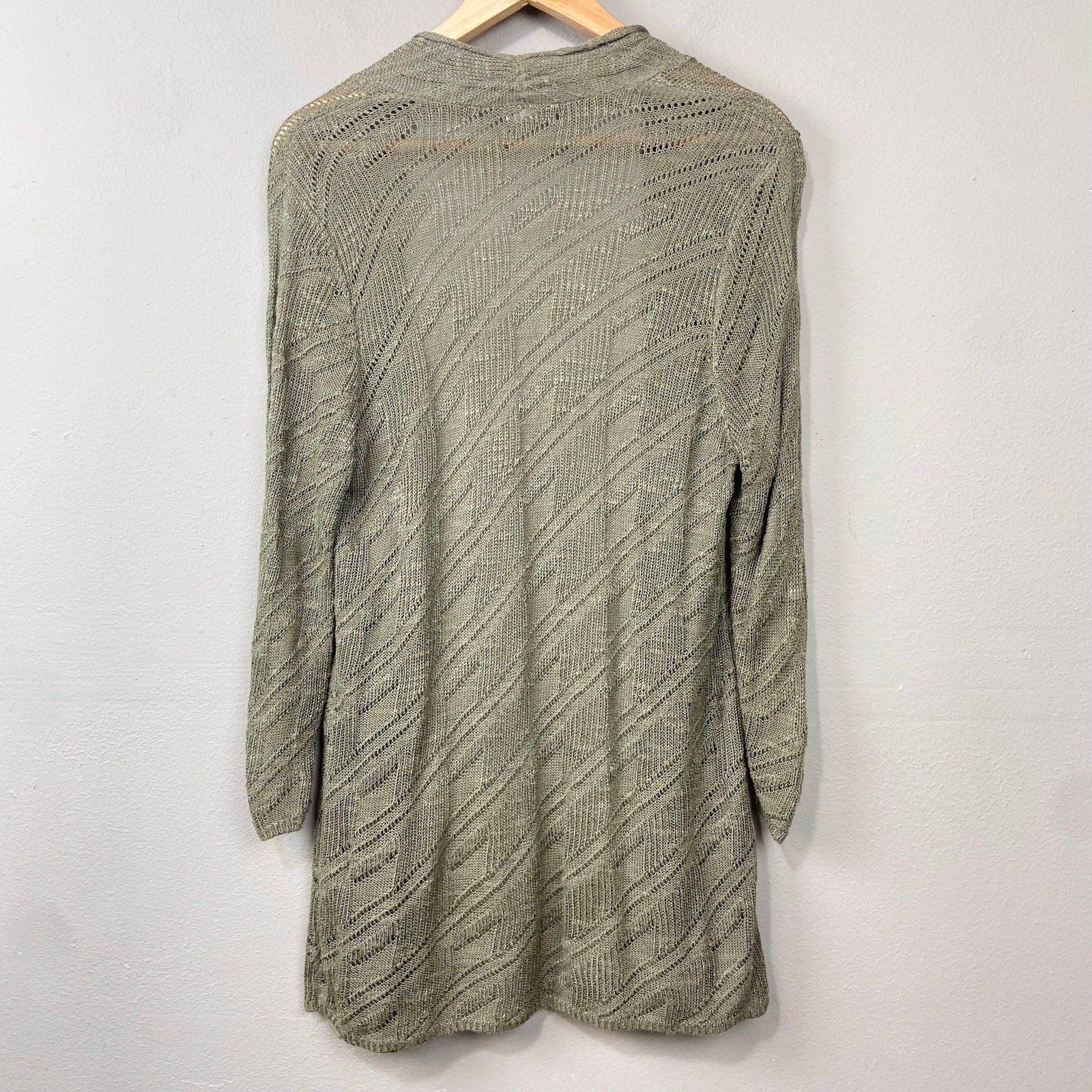 Chico’s Open Front Cardigan Sweater Women Sz L Olive Green Pointelle Linen Blend