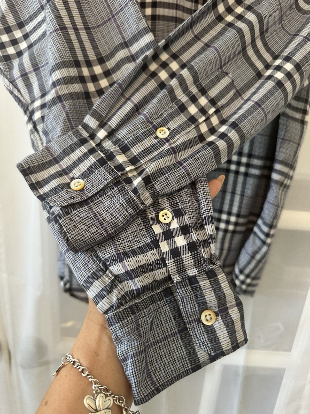 Burberry London Mens Plaid Button Front Shirt Medium Gray Purple Cotton USA