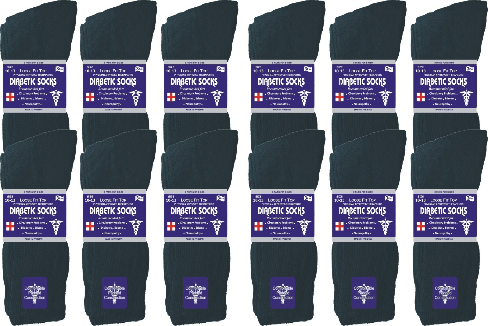 12 Pairs Black Diabetic Crew Socks Health Men’s Circulatory Calf Cotton 10-13