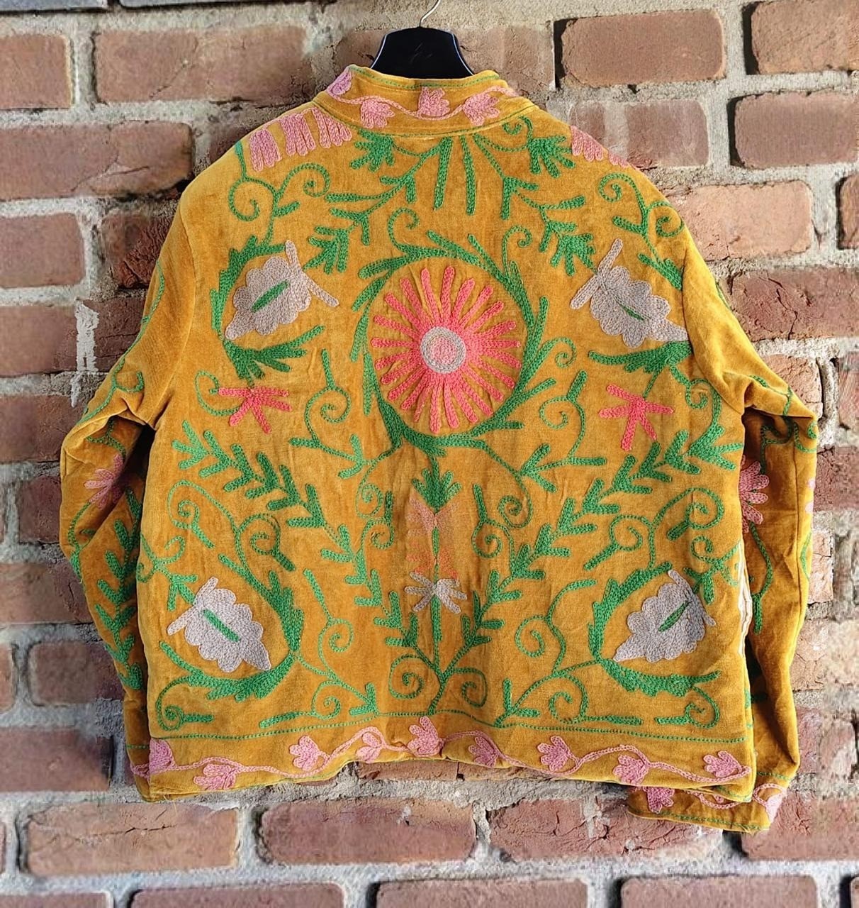 Handmade Suzani Jacket Mustard Pink Green Floral Embroidery Boho Festival Coat