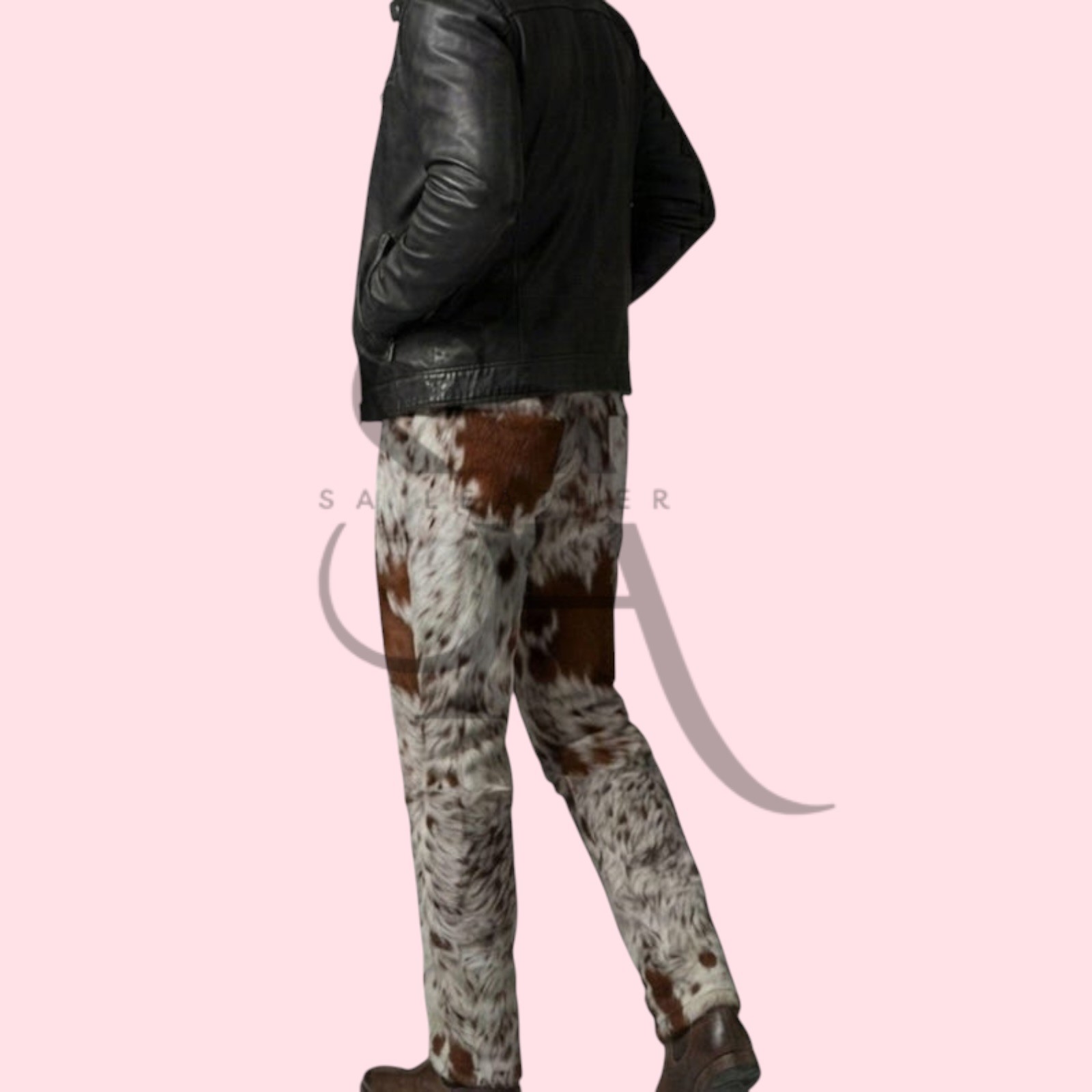 Handmade Men’s Brown & White Cowhide Leather Pants Hair on Hide Trousers Biker
