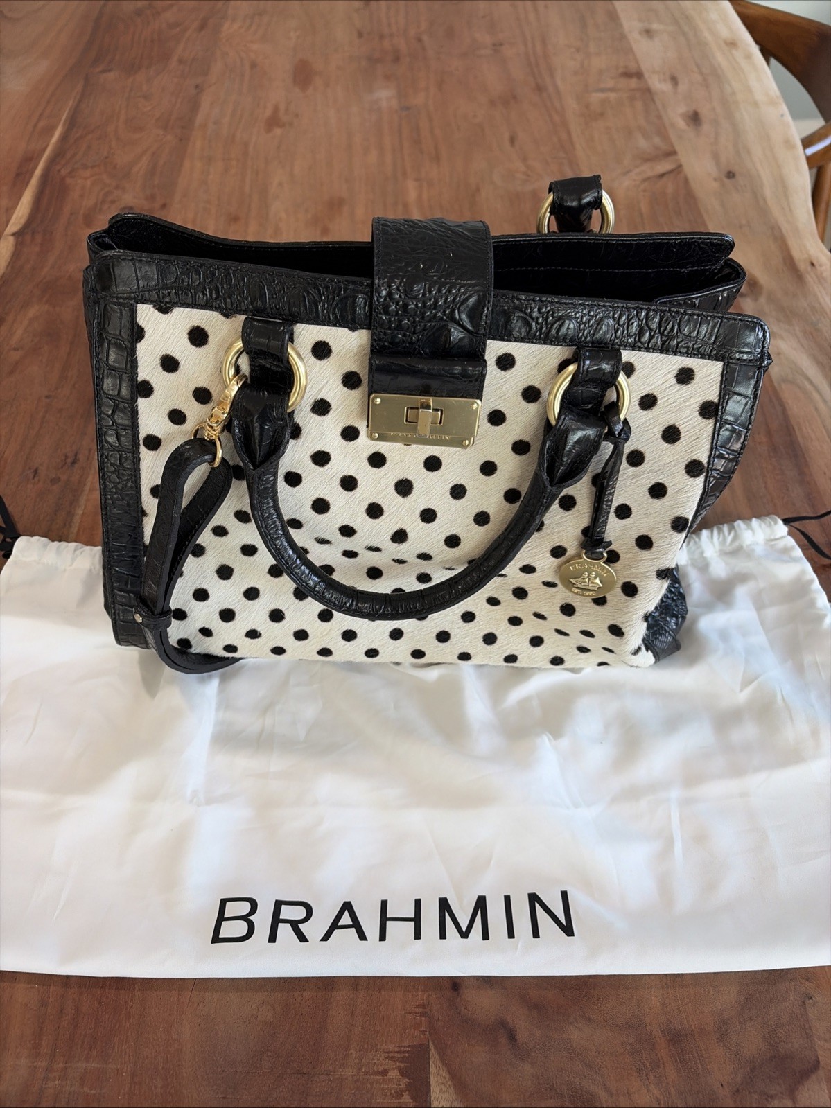 Brahmin Vintage Polka Dot Fur Calf Hair Leather Tyler Handbag Black Beige