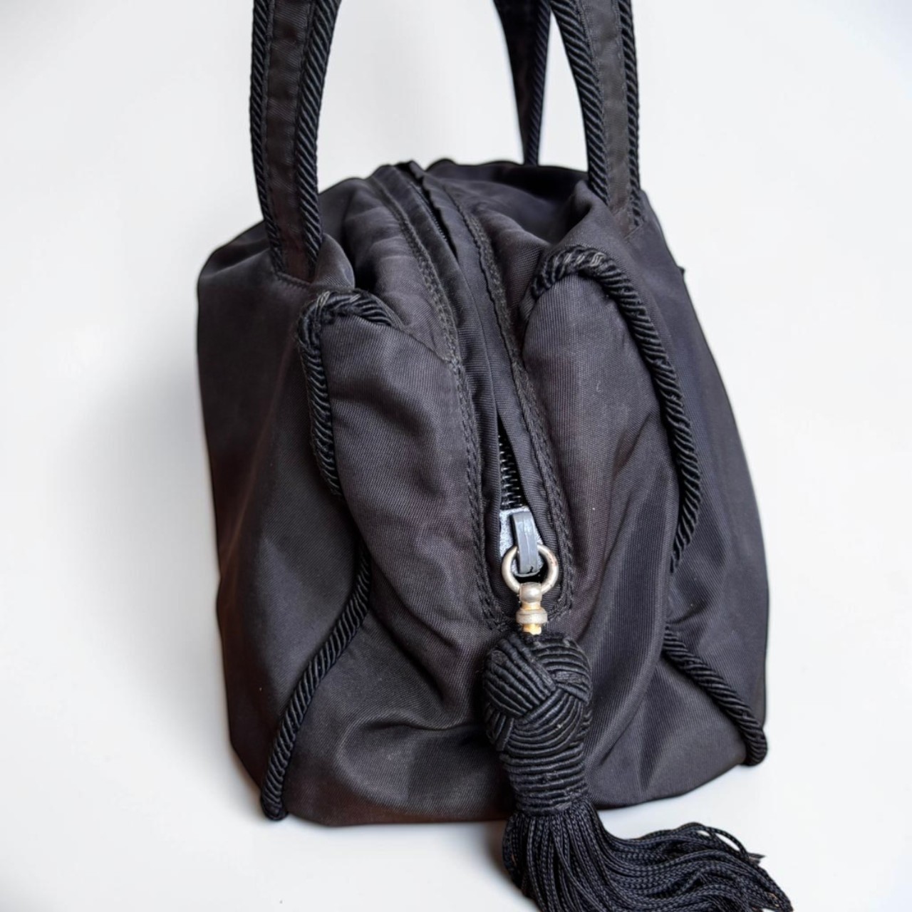 PRADA Handbag Black Tassel Logo Vintage Nylon