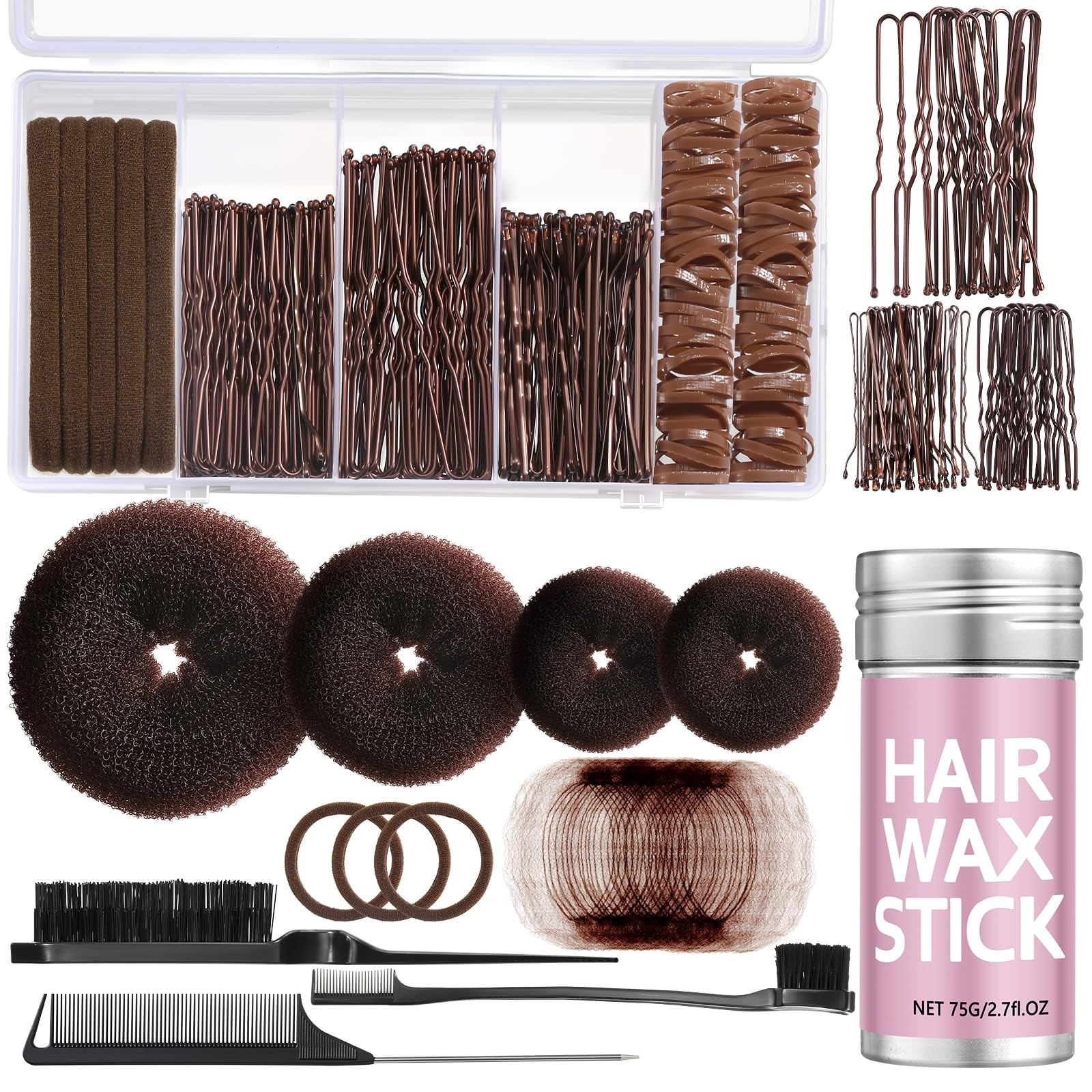 Hair Bun Maker Set – Donut Bun Tool, Bobby Pins, Hair Wax Stick & Net, Dark Brow