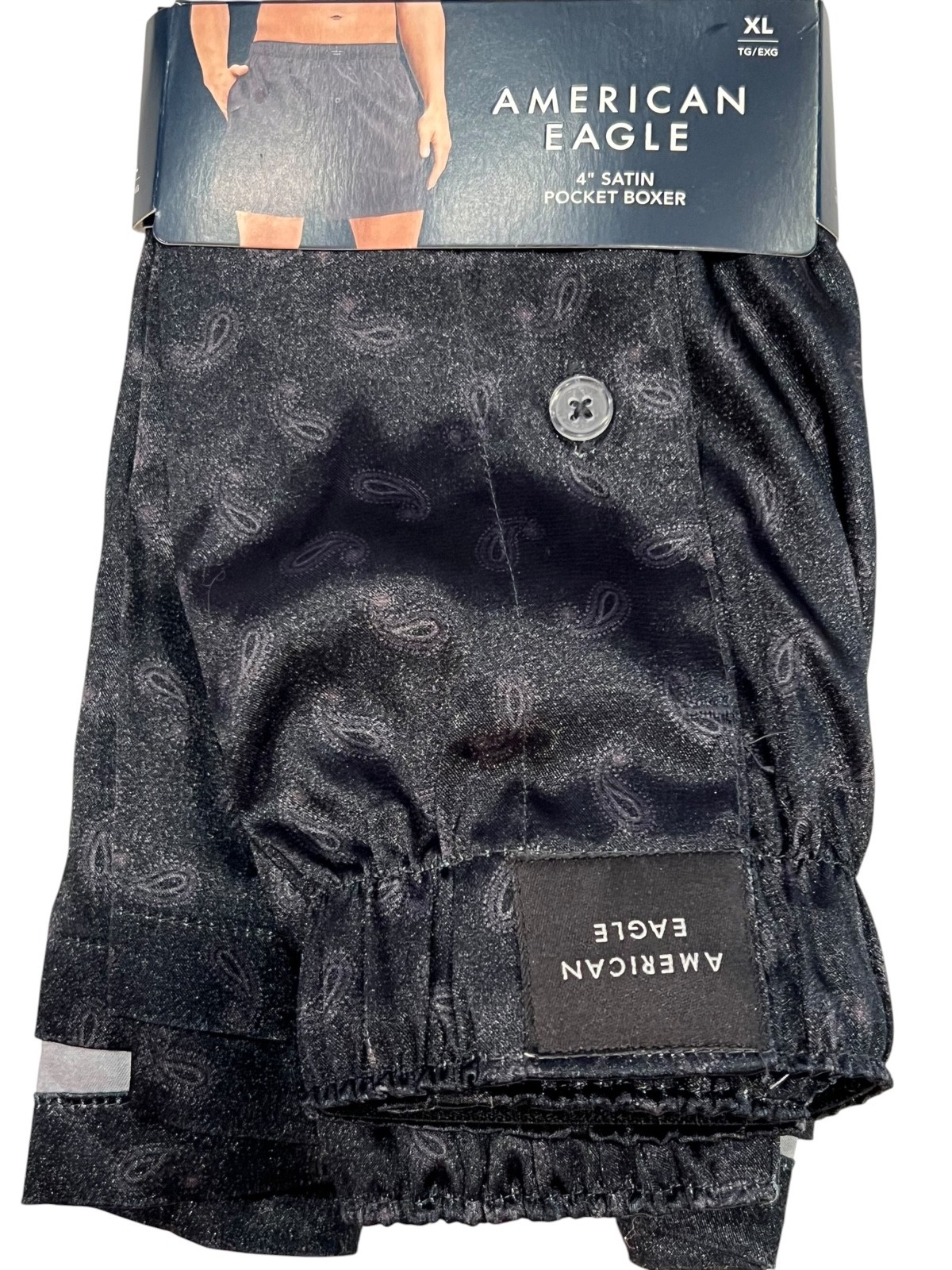 NWT AMERICAN EAGLE 4″ Satin Pocket Boxer Sz XS-XL Black Paisley #85