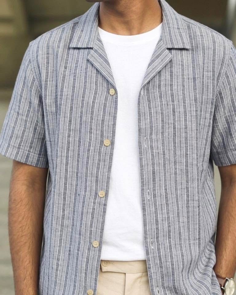 NWT $182 Mens FOLK Clothing Healey Linen & Cotton Blue Short Sleeve Shirt sz M