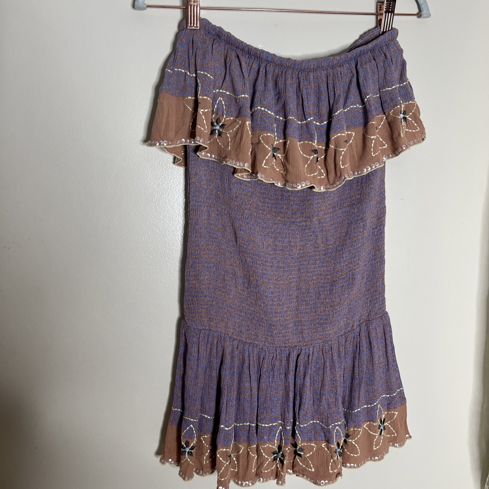 Free People Bali Chasing Dreams Smocked Drop waist Embellished Mini Slip Dress S
