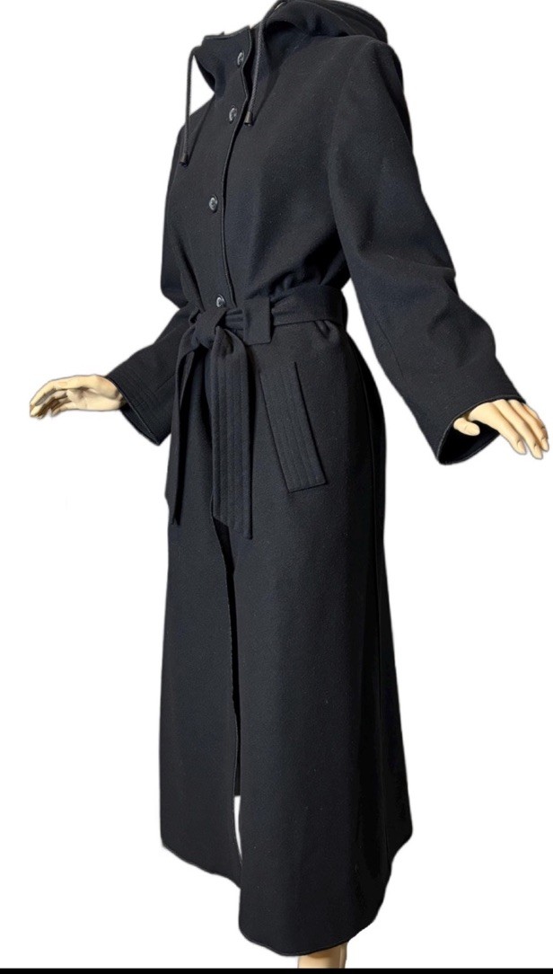 Vintage Wool Full Length Coat Hooded Black Button Down Harvé Benard Rare XS/S