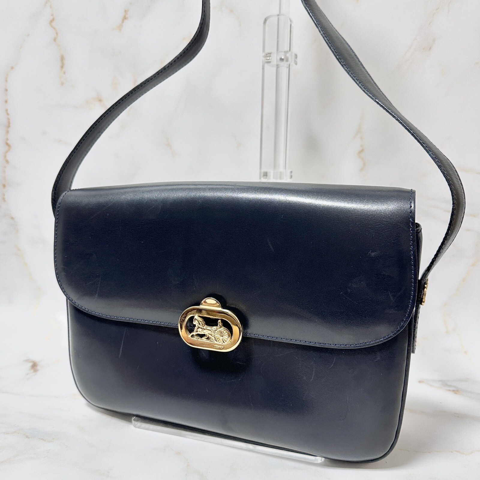 CELINE Horse Carriage Shoulder Bag Navy Leather Authentic