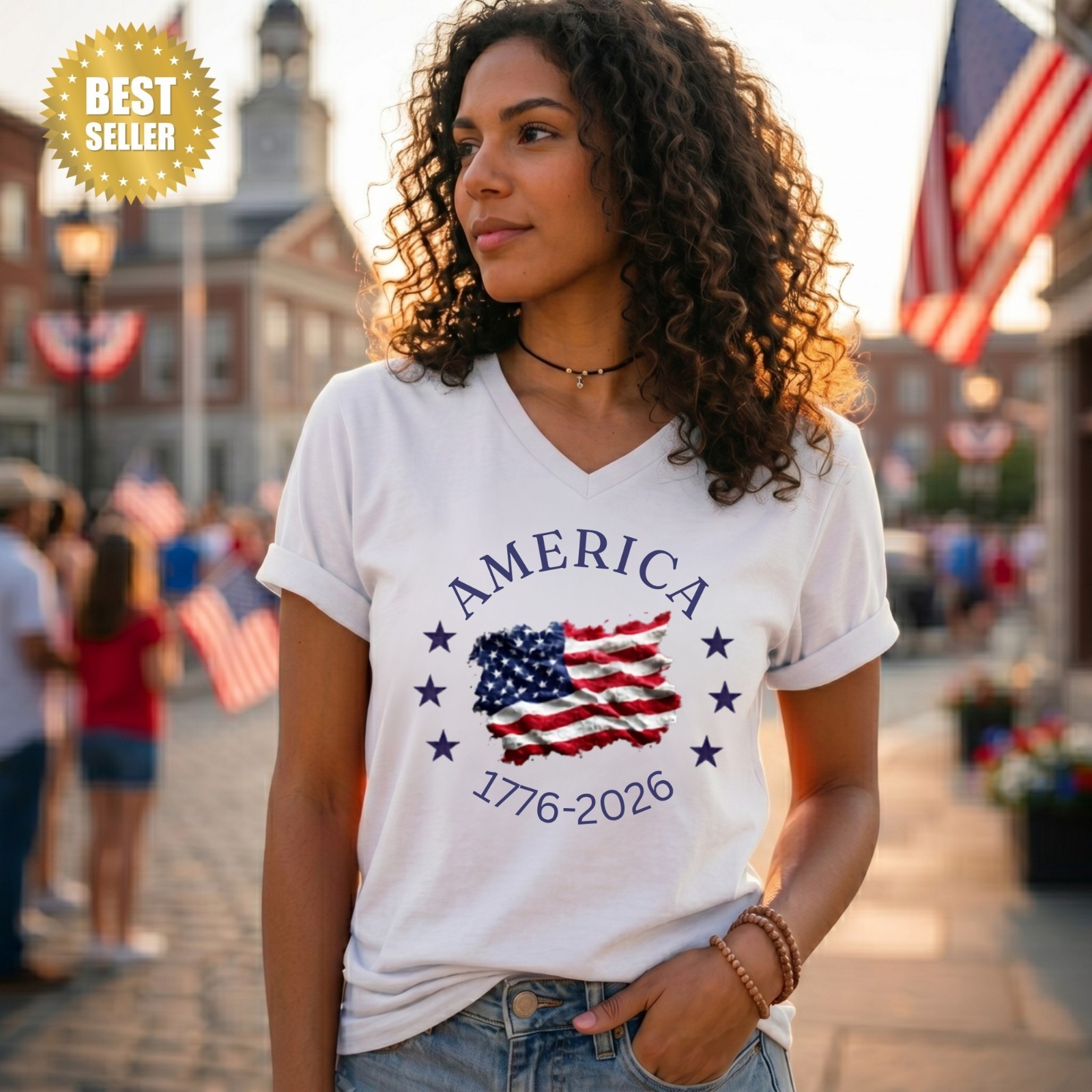 250th Anniversary USA Bella Canvas V-Neck Shirt, Patriotic Independence Tee