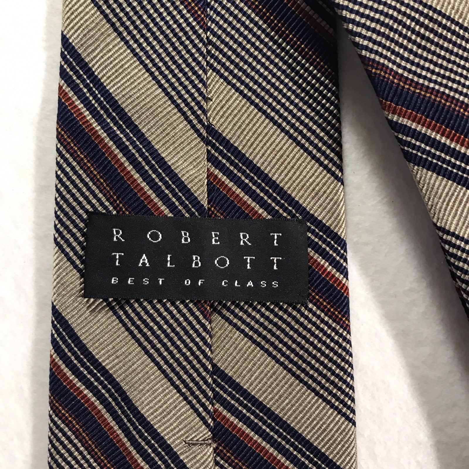 Robert Talbott Handmade Silk Striped Men’s Pointed Tie Beige Navy Red