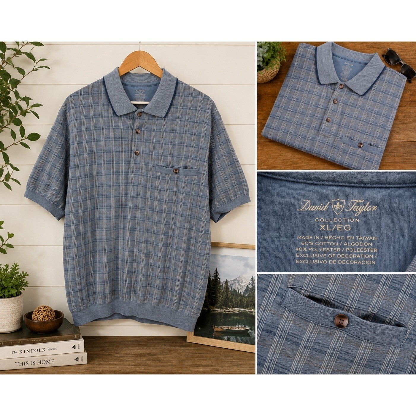 Vintage David Taylor Polo Shirt Plaid Banded XL Blue Short Sleeve Pocket 90’s