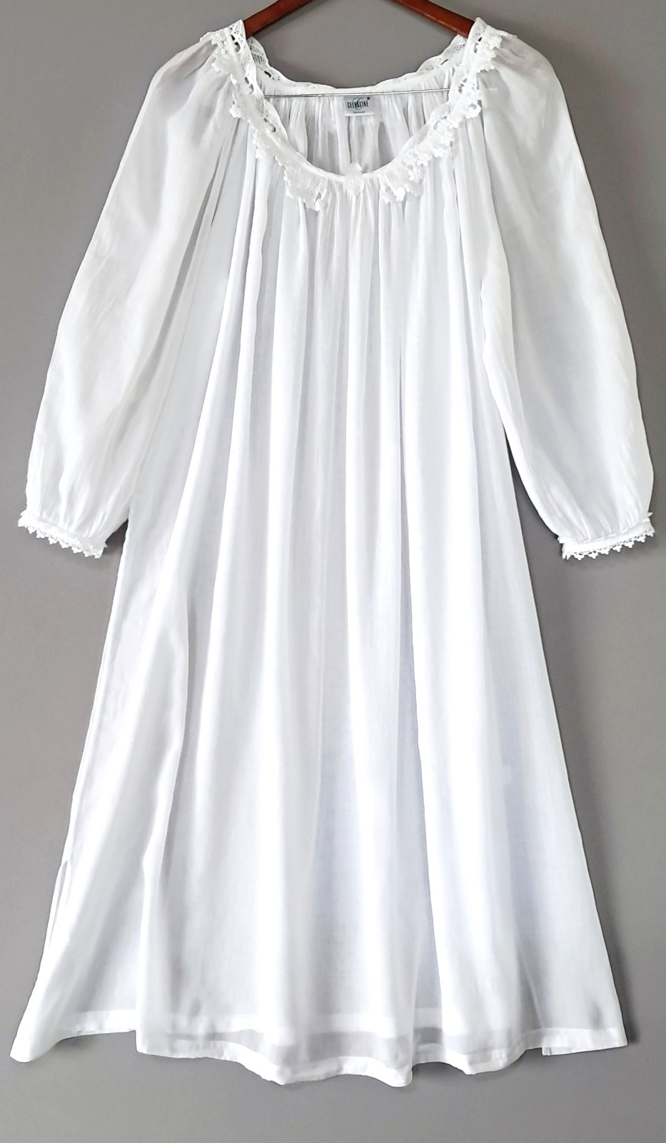 Vtg CELESTINE Germany White Swiss Cotton Nightgown Lace Renaissance Lingerie OS
