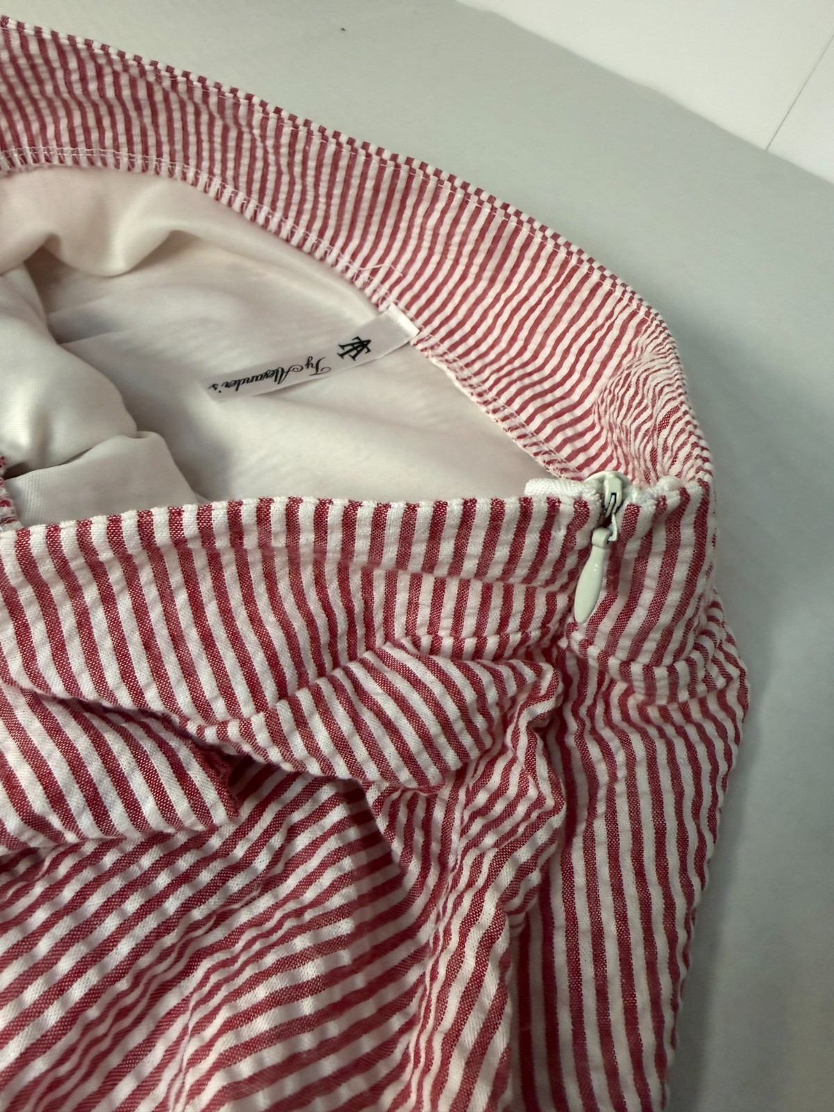 Ty Alexander’s Red White Seersucker Pinstripe Bow Mini Skirt Women’s Made In USA