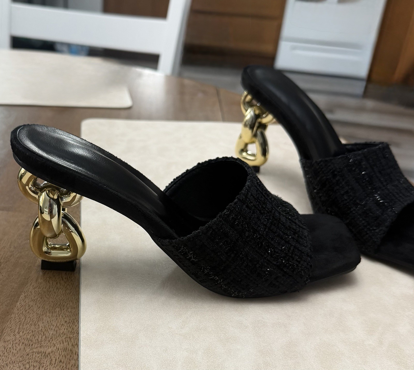 Women’s Black Slide Mule Sandals Gold Chain Accent Synthetic Upper EU 37