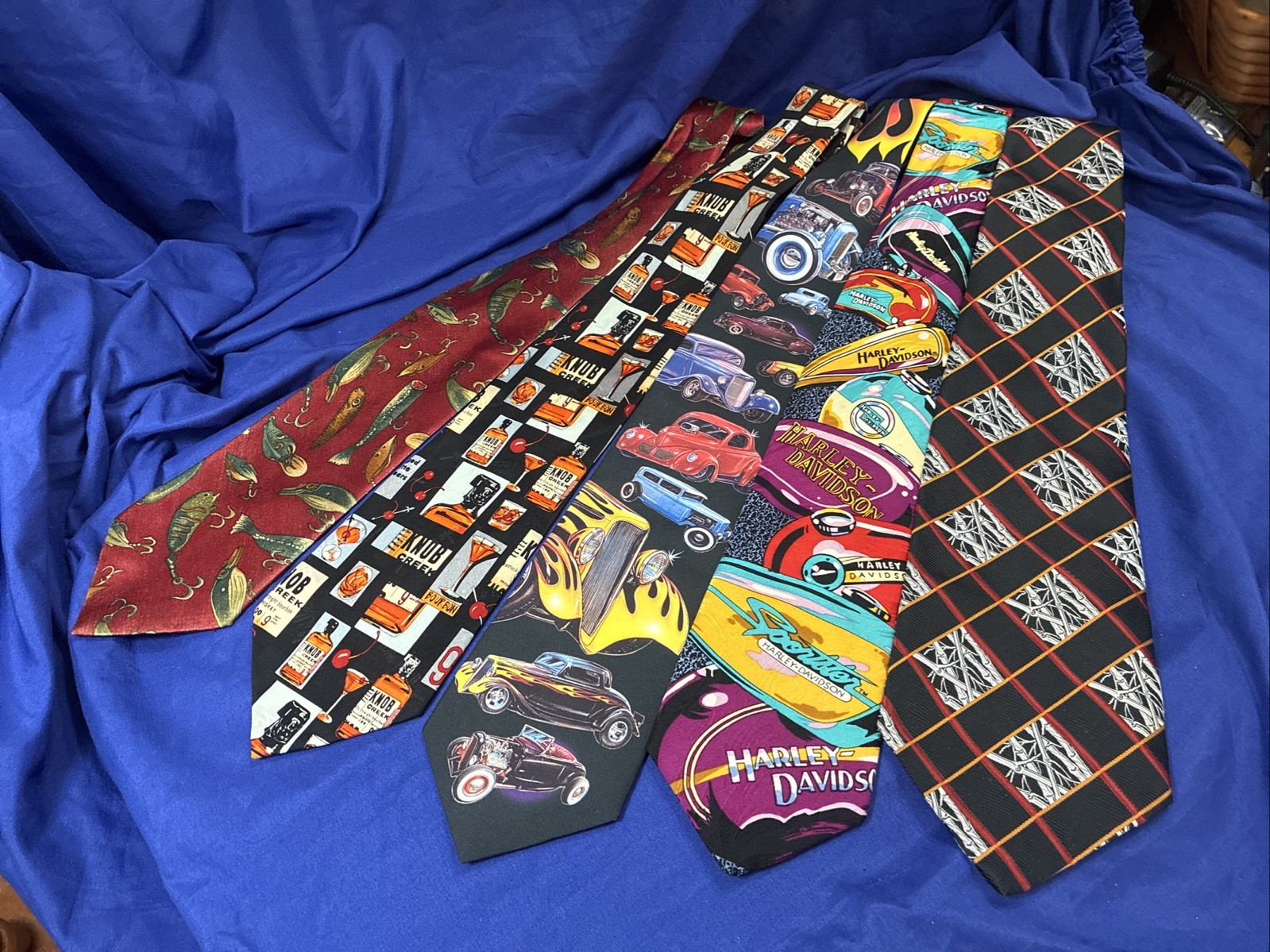 5 Novelty Neck Ties: Harley, Hot Rods, Knob Creek Bourbon, Fishing Lure, Birch