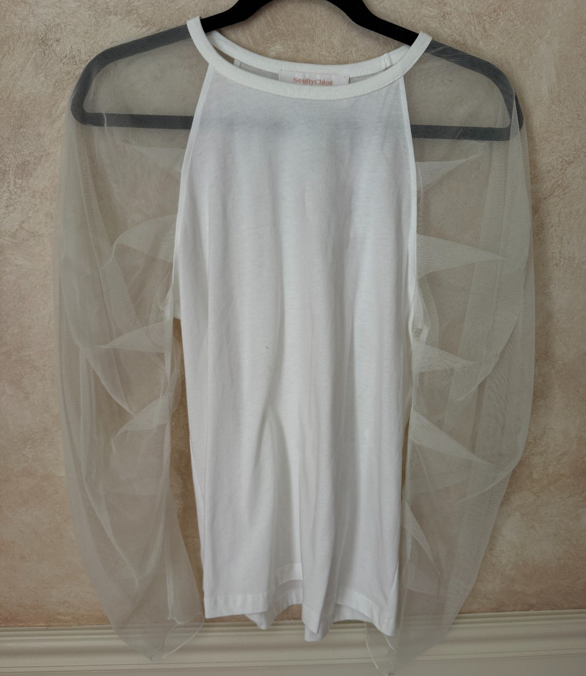 See by Chloe Long Mesh Sleeve White Powder Top SZ XS NWT $220